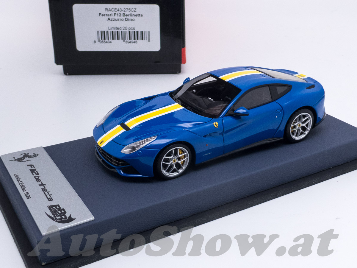 Ferrari F12 Berlinetta, azzurro dino with yellow / white stripes, on high LEATHER design base – SPECIAL SALE PRICE !