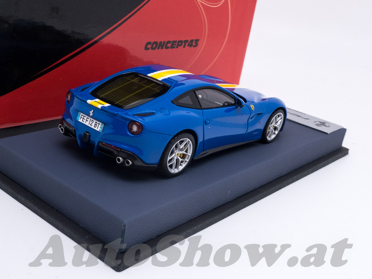 Ferrari F12 Berlinetta, azzurro dino with yellow / white stripes, on high LEATHER design base – SPECIAL SALE PRICE !