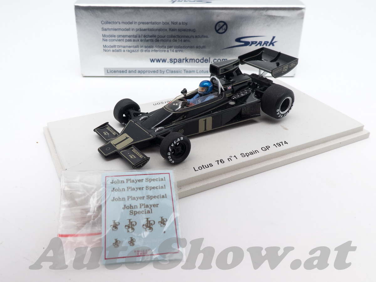 F1 Lotus 76, 1° Sieger / winner GP Spain 1974, Ronnie Peterson, # 1 + decals „JPS / John Player Special“ !
