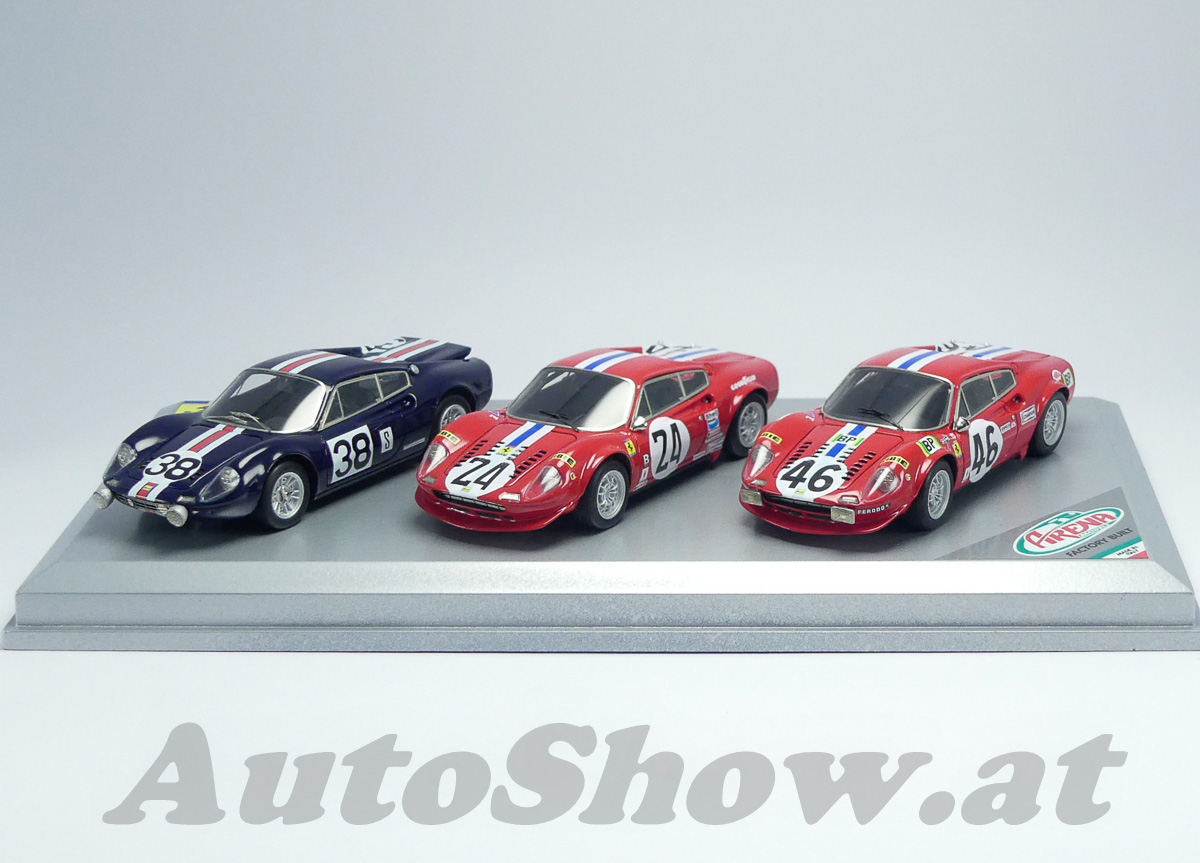 Ferrari 246GT Dino: Set of 3 cars: 12H Sebring 1969, # 38, 6H Test Watkins Glen 1972, # 24, 24H Le Mans 1972, # 46