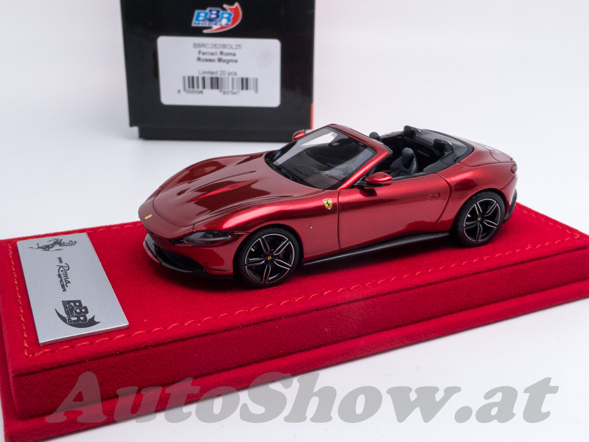 Ferrari Roma Spider, rosso magma metallic, on high red alcantara design leather base
