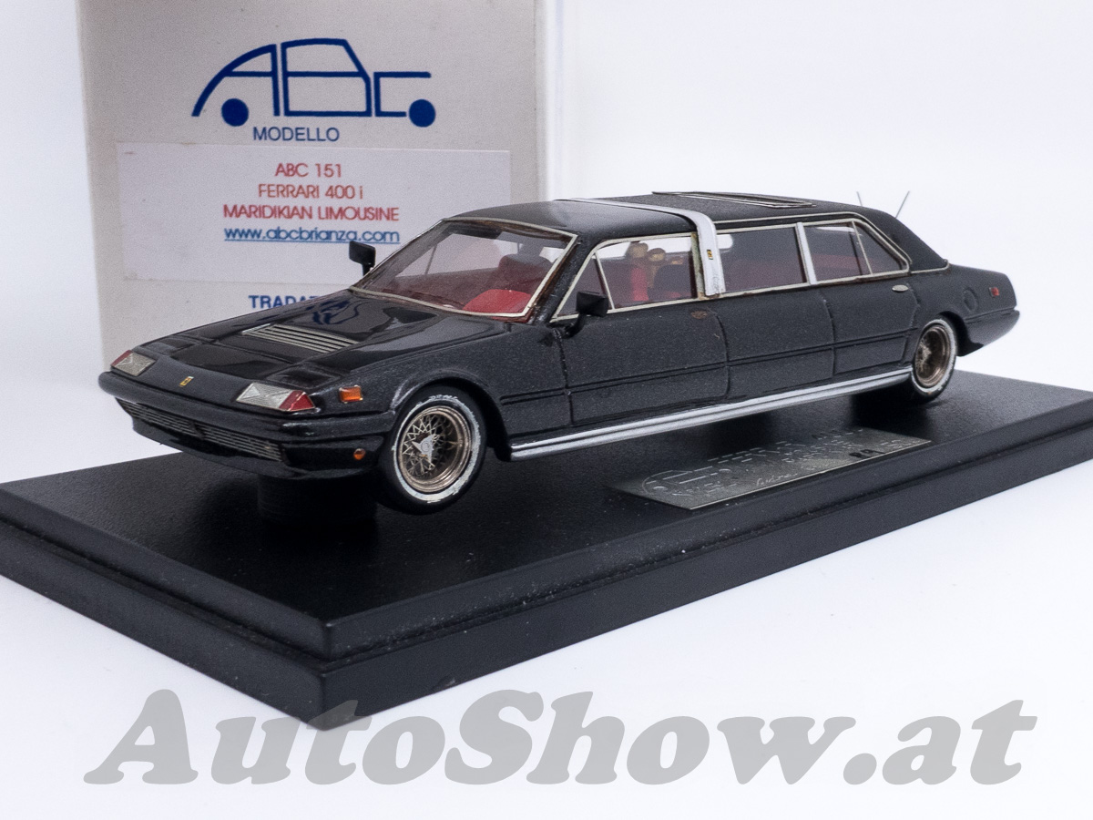 Ferrari 400i long stretched limousine, coachbuilt by Mardikian, USA, mit Champagnergläsern im Wagen, antrazith metallic – Vinyldach