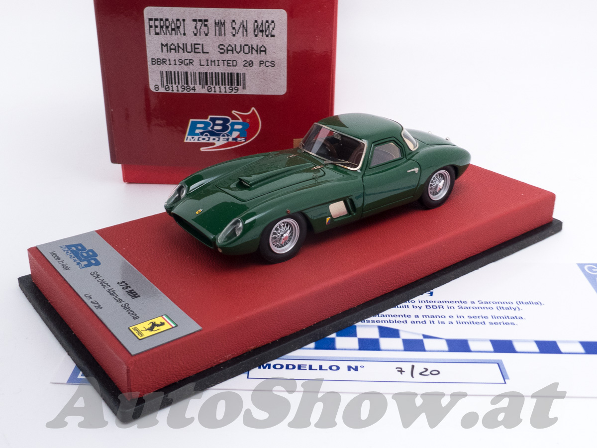 Ferrari 375MM Coupé, Chassis 0402AM, Carrozzeria Scaglietti, Manuel Savona, grün, auf hohem rotem Echtleder-Sockel